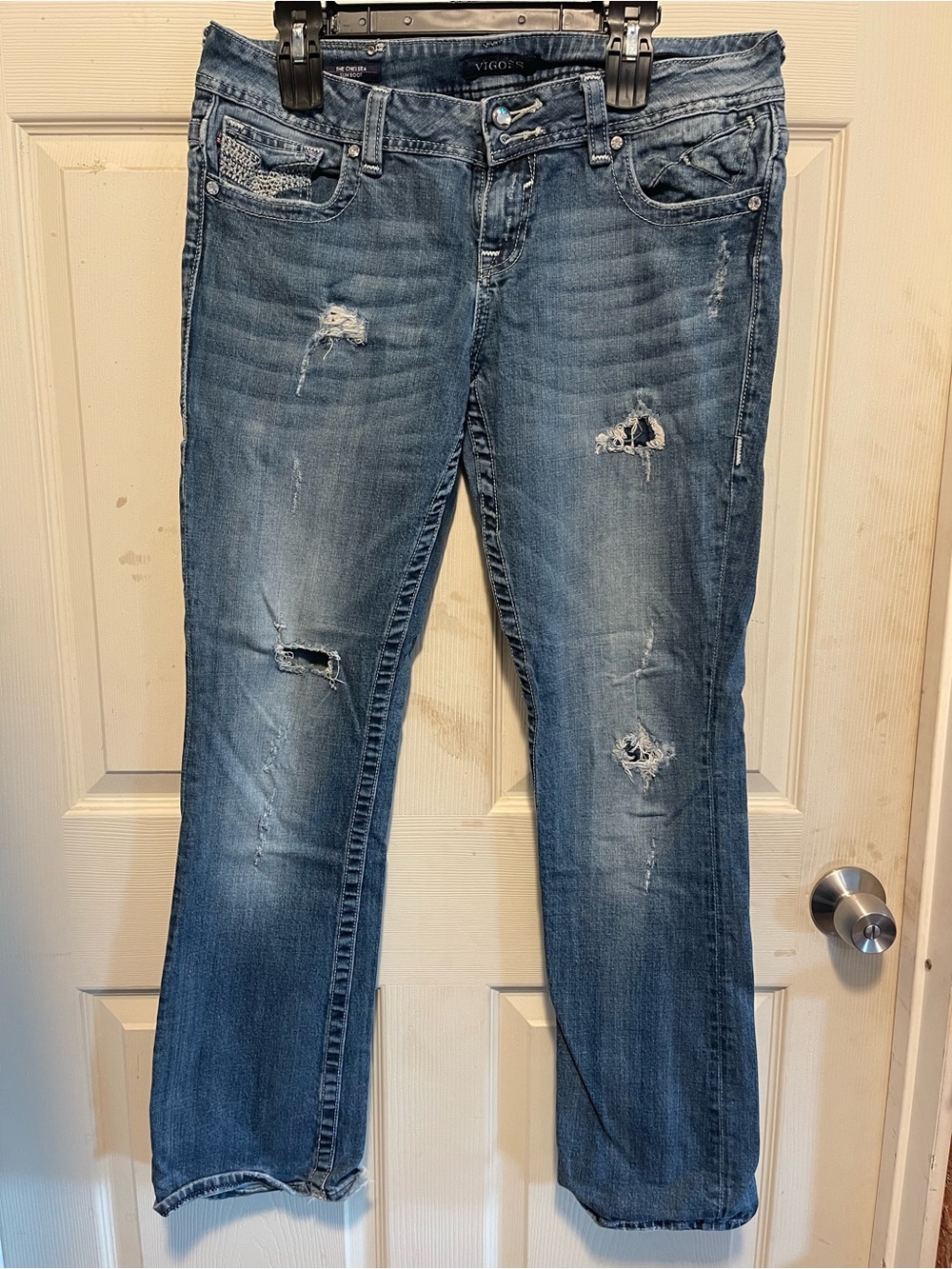 Vigoss Women's Ripped Medium Blue Straight Leg Jeans